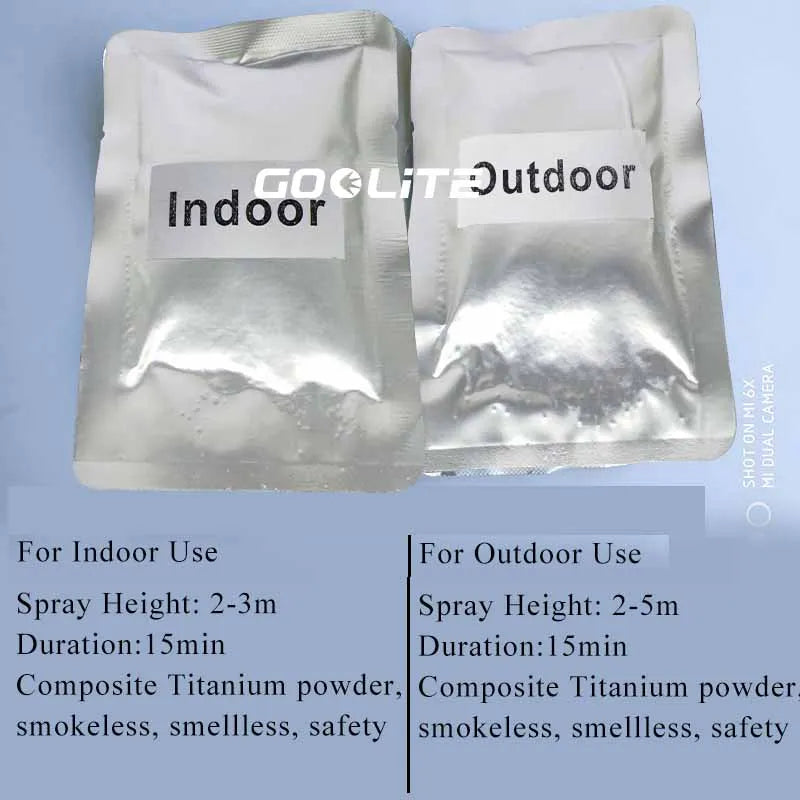 Two silver foil pouches of indoor and outdoor spray height 2-3m or 2-5m titanium powder for use.