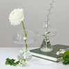 Vase décoratif en verre clair avec une rose blanche et une tige verte sur une surface blanche.