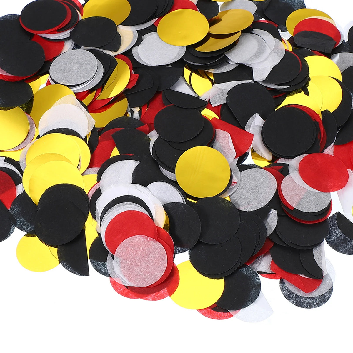 A pile of round tissue paper confetti dots in black, red, and yellow colors.