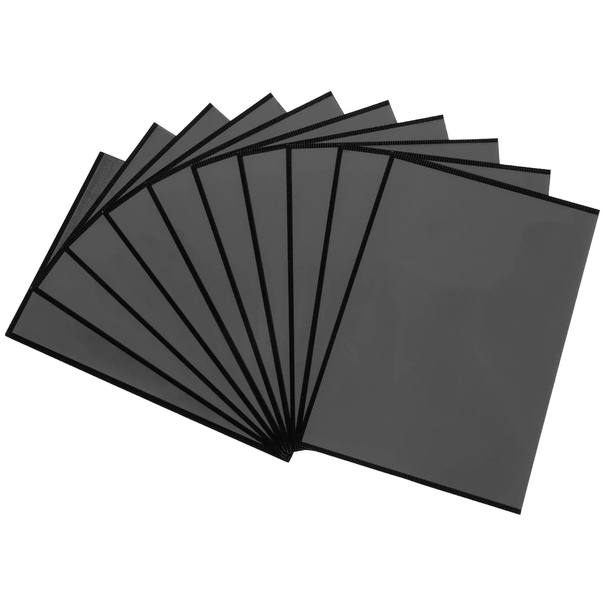 A fan of black magnetic picture frames arranged in a diagonal fan pattern.