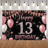 A dark party backdrop featuring pink balloons and sparkling text that reads Happy 13th Birthday