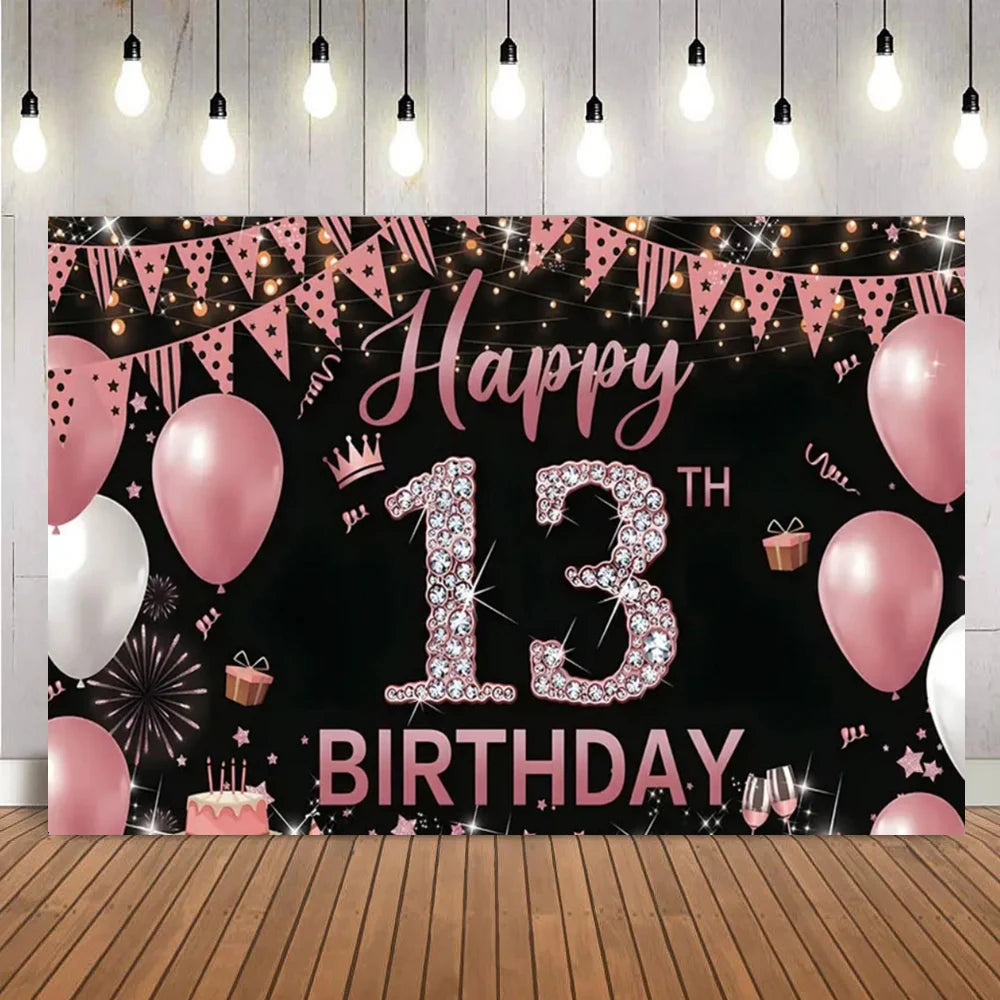 A dark party backdrop featuring pink balloons and sparkling text that reads Happy 13th Birthday