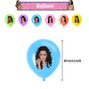 A set of nine K-pop inspired balloons in various colors and shades, including a large blue balloon showing a woman's face.