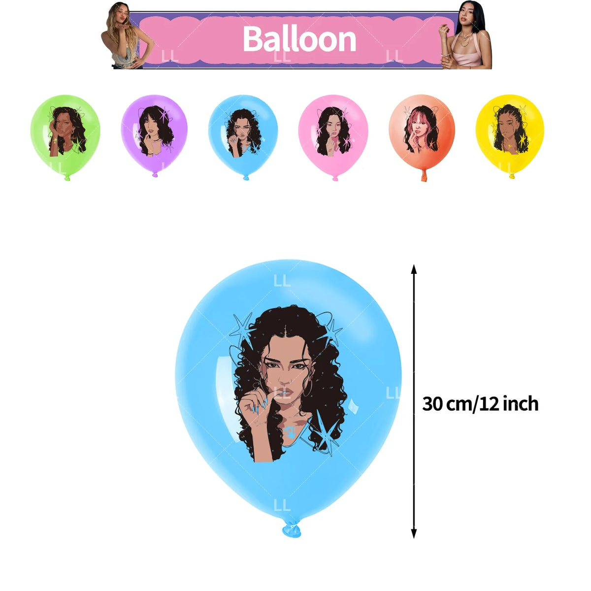 A set of nine K-pop inspired balloons in various colors and shades, including a large blue balloon showing a woman's face.