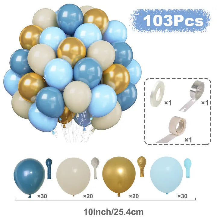 A kit containing 103 balloons in various shades of blue and gold, including solid and confetti accents.