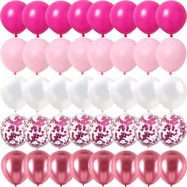 A cluster of rose pink metallic latex balloons for parties and celebrations.