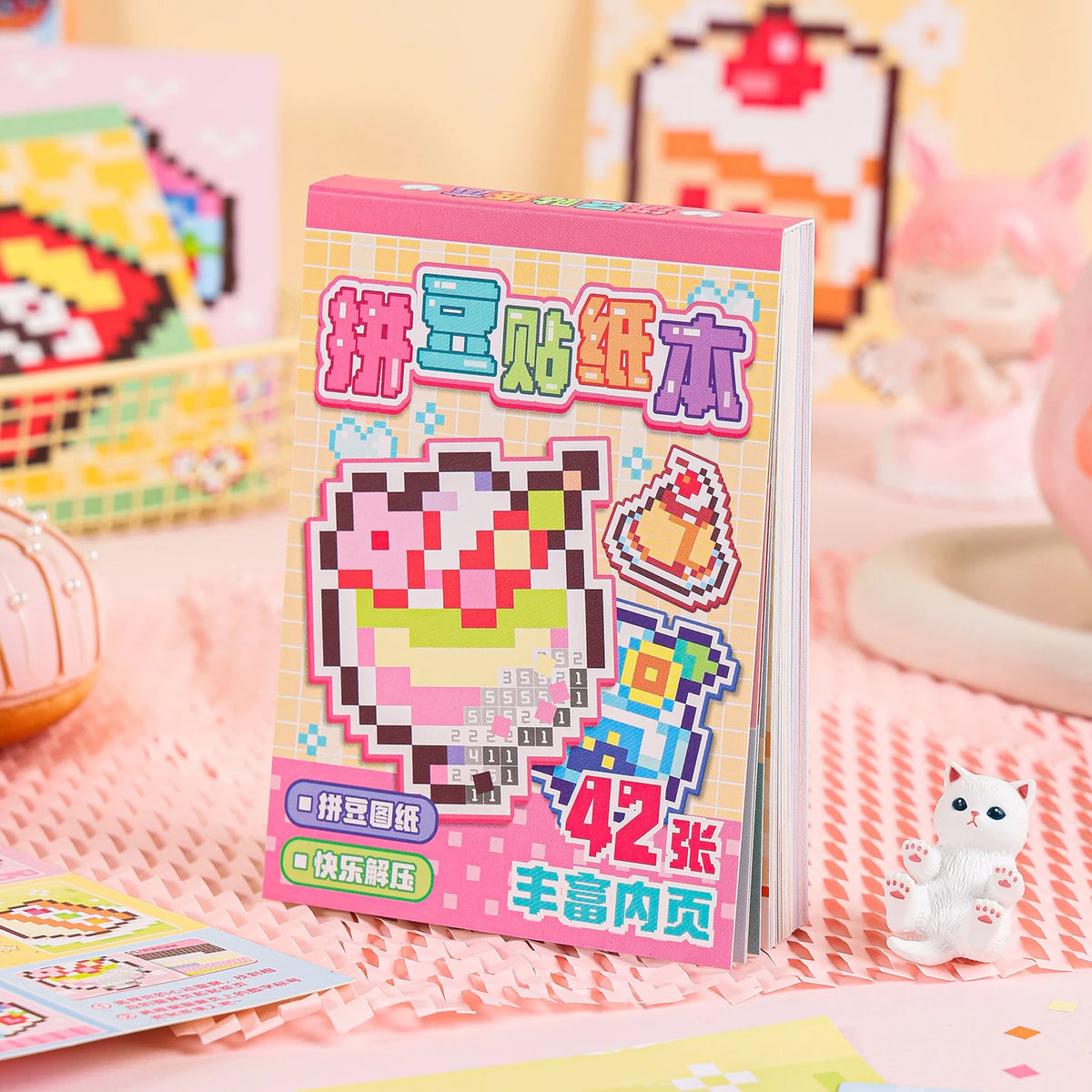A box of handmade cartoon mini bean die cut stickers set featuring pink and yellow designs.