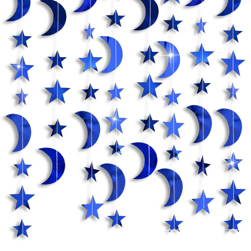 A shimmering star paper garland featuring metallic gold and silver stars and crescent moons.
