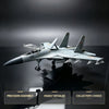 A highly detailed model of a J-15 fighter jet in a gray camouflage color shown in a precision assembly context.