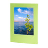 A light green magnetic double-sided frame displaying a scenic view of a blue lake with a pine tree and clouds.