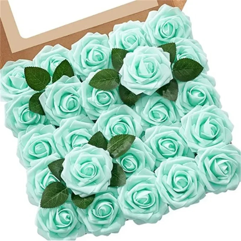 A bouquet of light blue foam roses with green leaves displayed in a cardboard box.