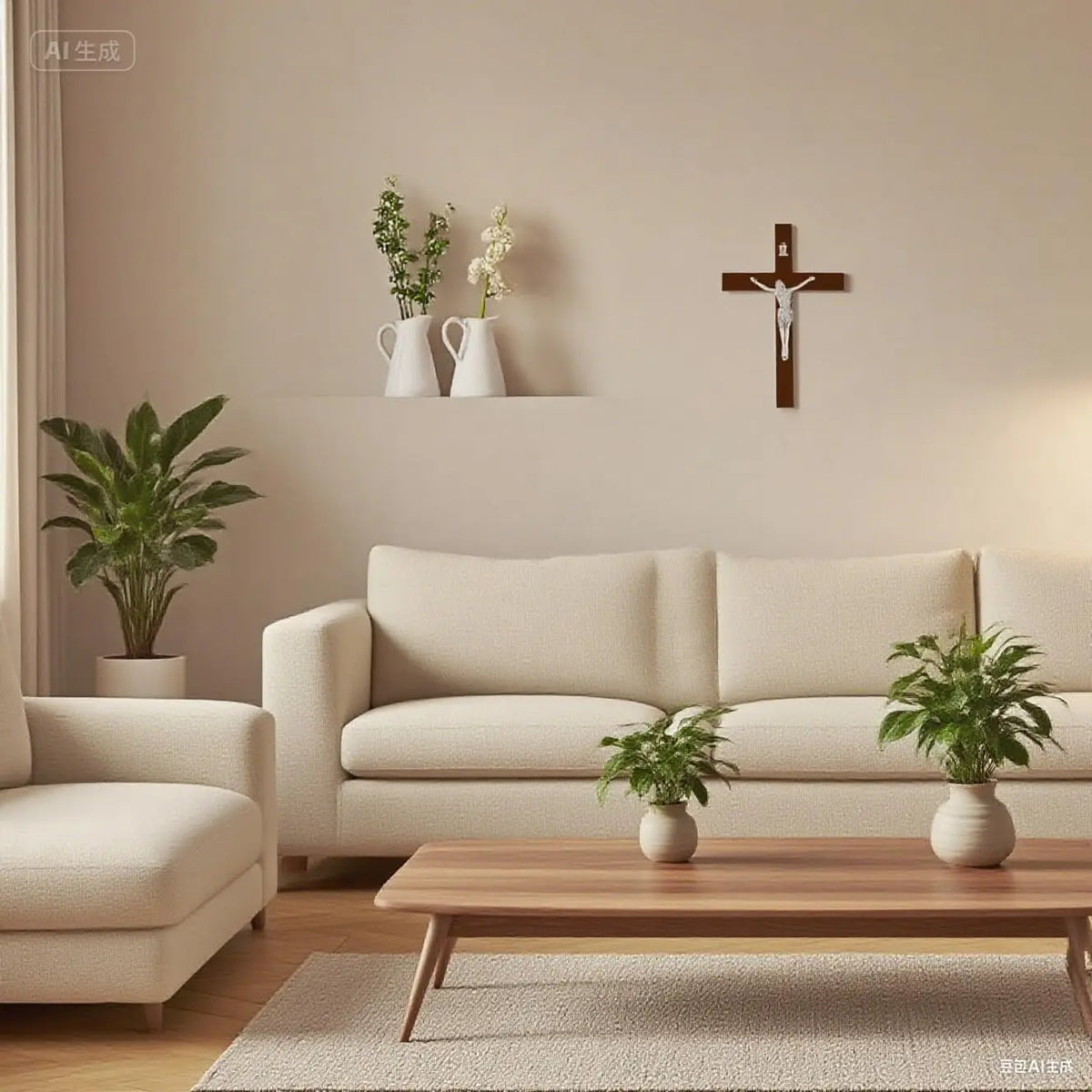A handcrafted wooden cross wall decor displayed on a light-colored wall above a sofa and coffee table.