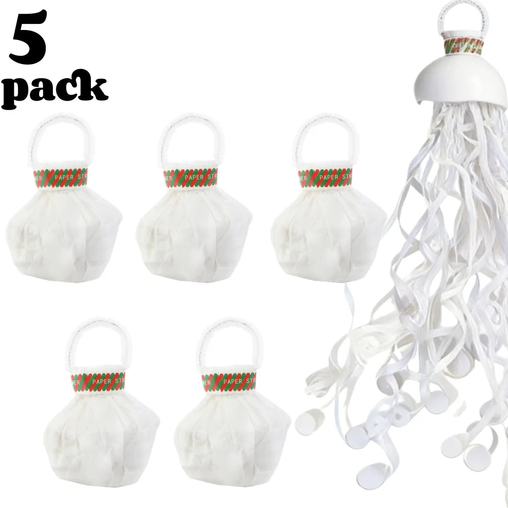 Ein Set aus fünf weißen, handgefertigten Konfetti-Streifern mit grünen und roten Akzenten.