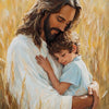 A painting depicting Jesus holding a young child in a field of golden wheat.