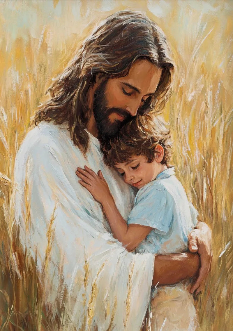 A painting depicting Jesus holding a young child in a field of golden wheat.