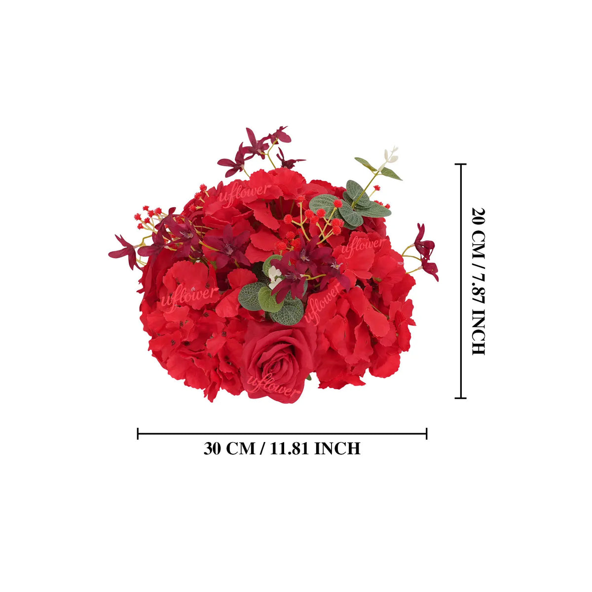 A vibrant red silk flower ball centerpiece featuring roses and hydrangea blooms.