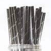 A bundle of 100 colorful striped and polka dot paper drinking straws standing upright.