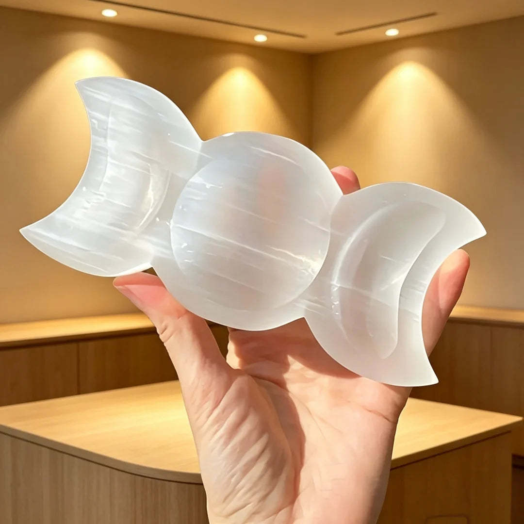A hand holds a translucent white natural selenite triple moon charging bowl against a warm, illuminated background.