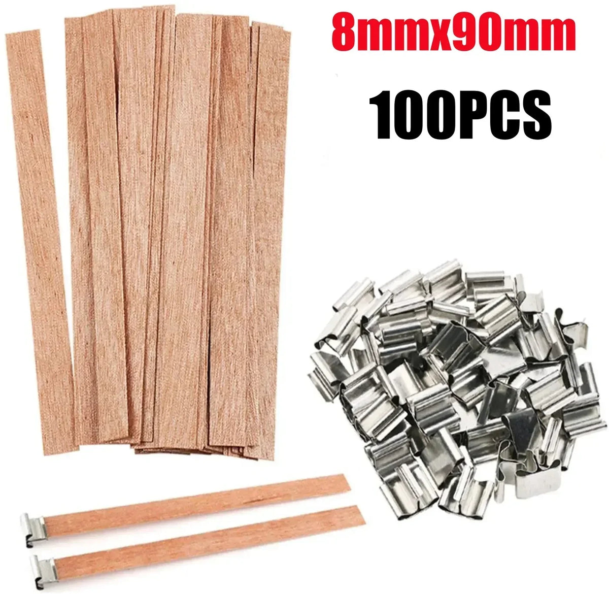 Ensemble de 100 chevilles en bois et de supports à bougies en métal pour fabriquer des bougies à la cire de soja.