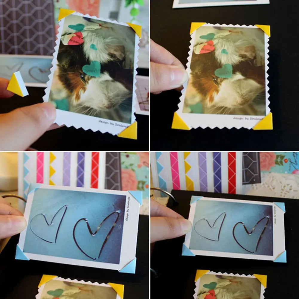A set of PVC photo corner protectors featuring various designs and colors for scrapbooking and albums.