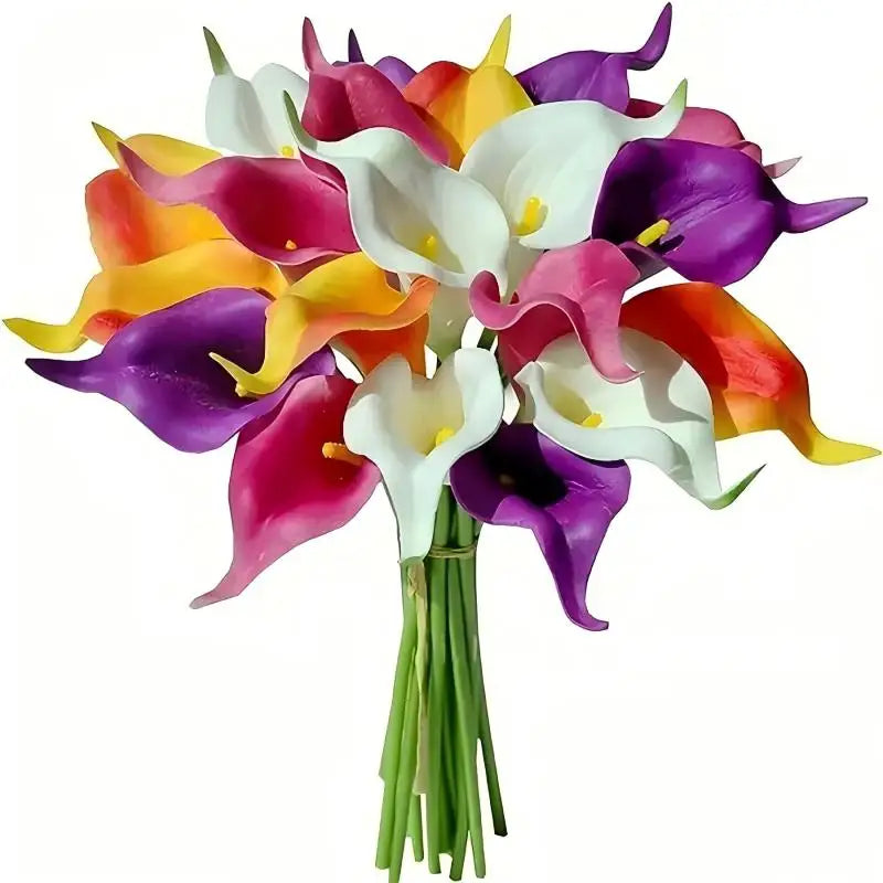 A bouquet of five colorful calla lily stems featuring shades of white, purple, pink, and orange.