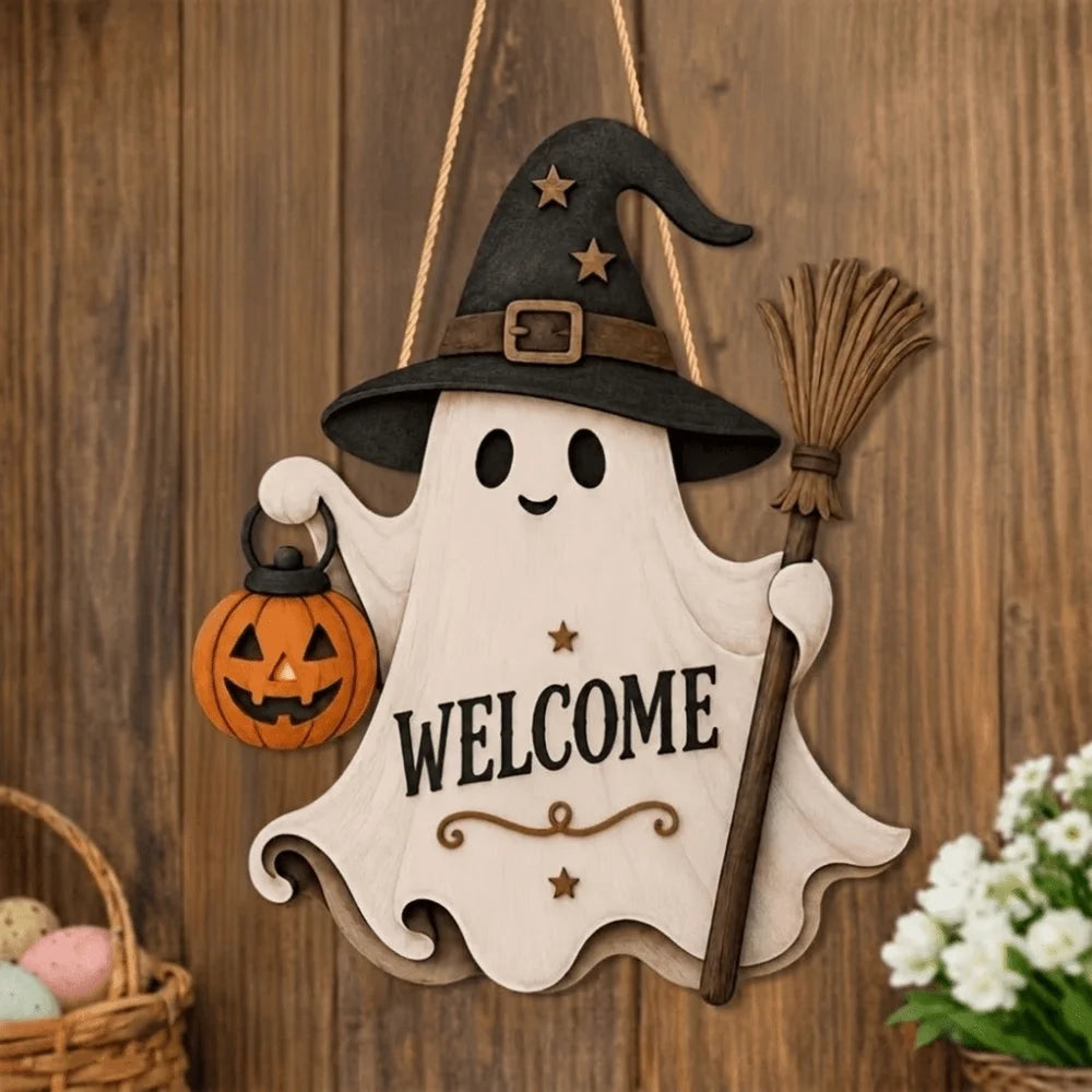 A wooden ghost door hanging featuring a witch hat and a broom, with the word welcome carved into the design.
