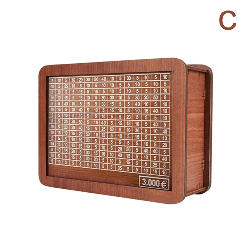 A wooden piggy bank with slots for coins and bills, featuring a brown finish.