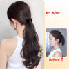 Before and after comparison of heat resistant synthetic ponytail extensions on hair