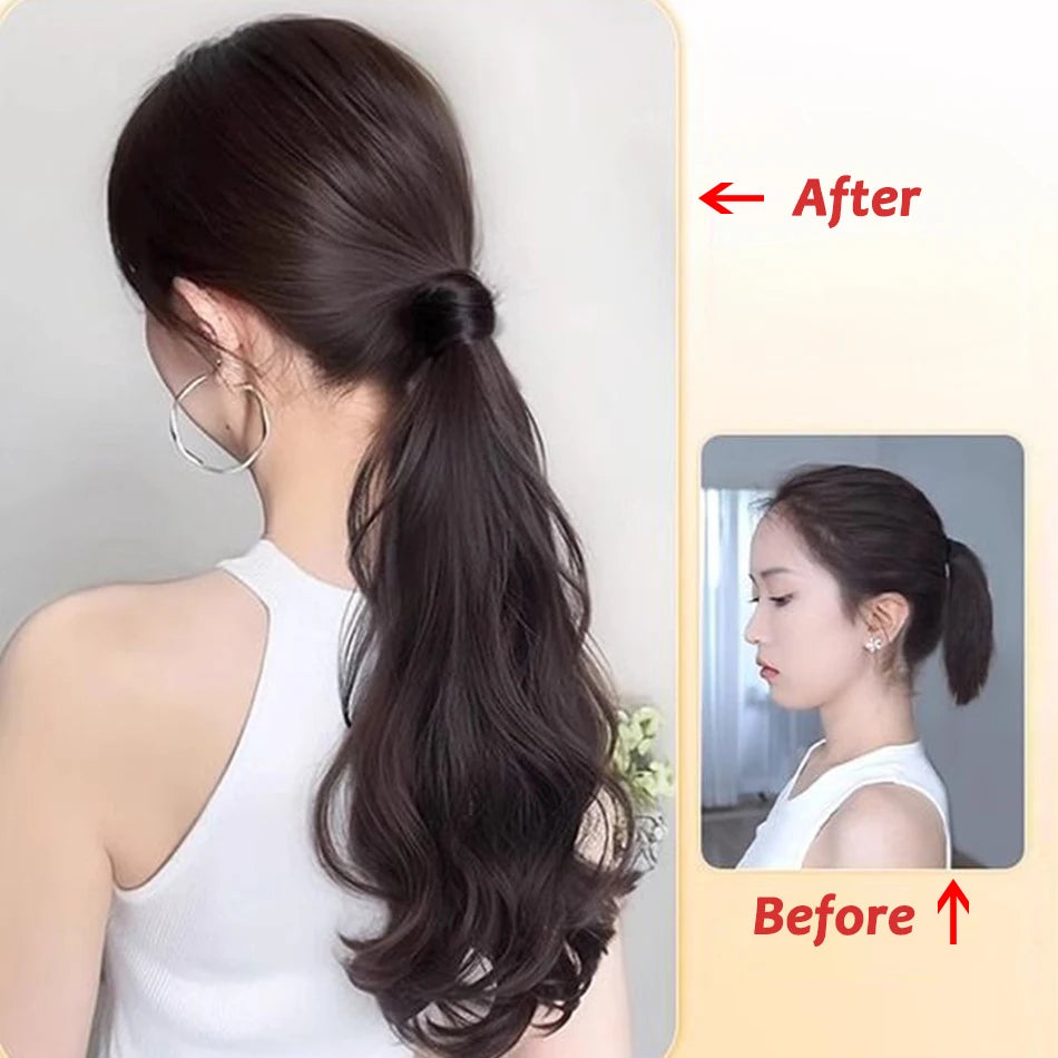 Before and after comparison of heat resistant synthetic ponytail extensions on hair