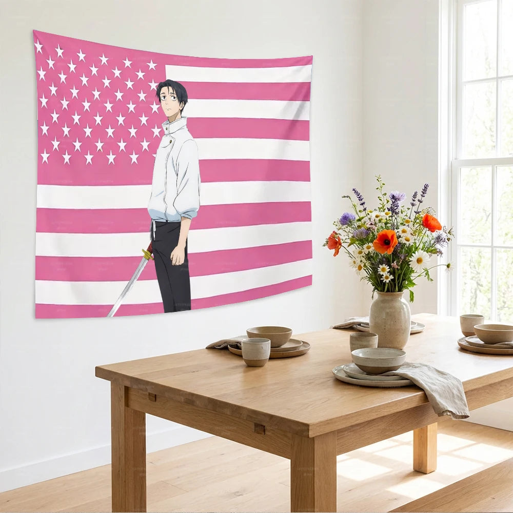 Tapis rose en forme de drapeau avec un personnage stylisé sur fond de drapeau américain