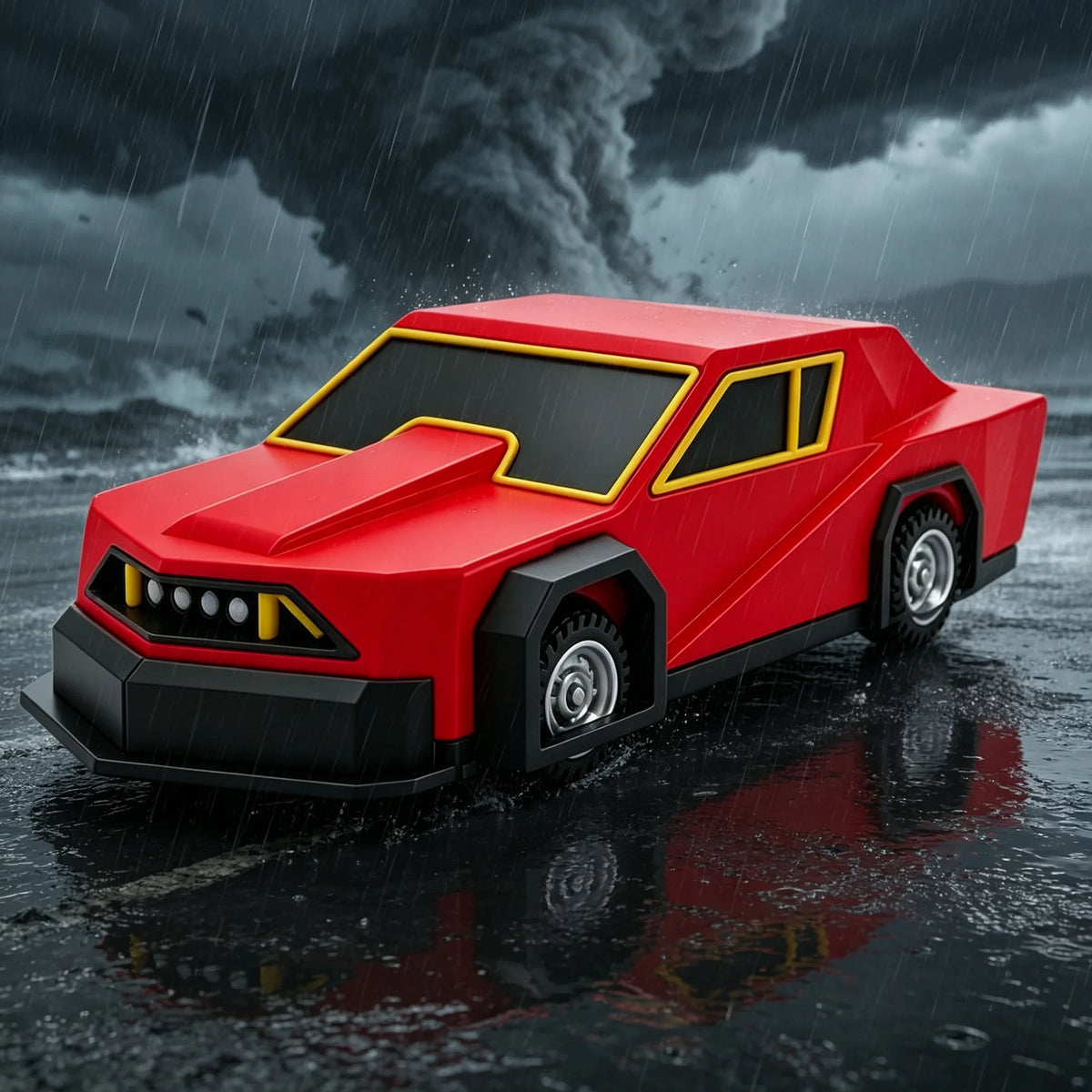 A red Tornado Intercept Vehicle 3D printed display model is shown in a dark, rainy environment.
