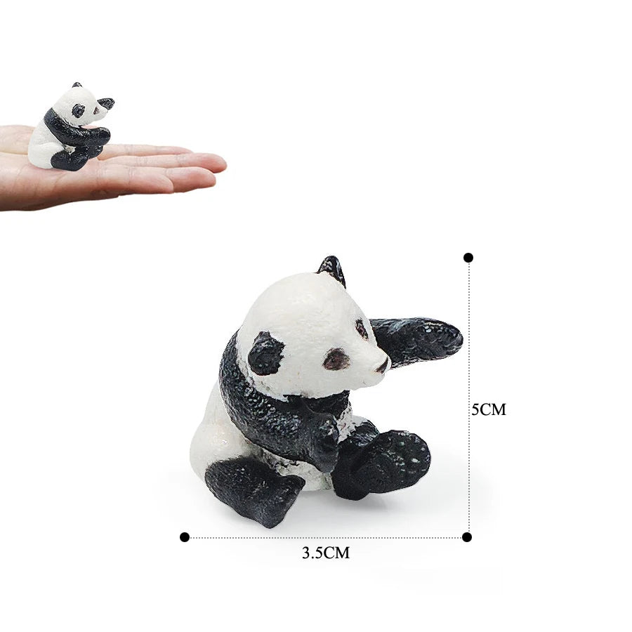A realistic panda figurine showing a black and white panda in a sitting pose.
