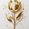 Arte floral de tulipán dorado y blanco en pared con una sola flor y estrellas doradas dispersas