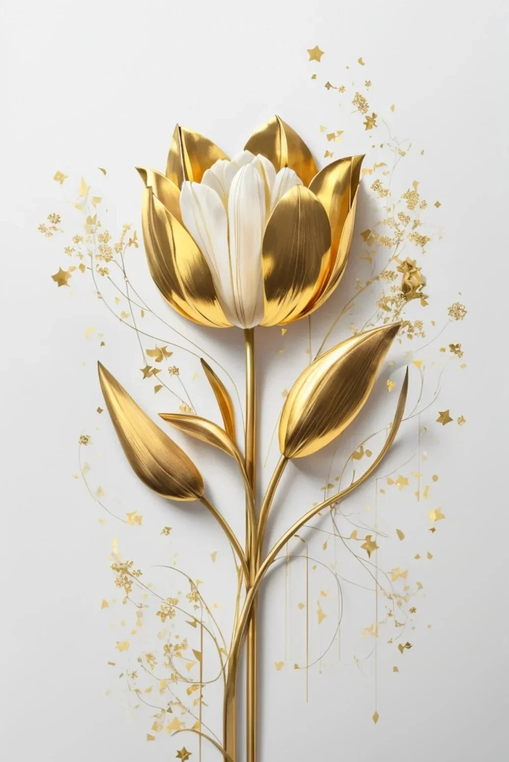 Arte floral de tulipán dorado y blanco en pared con una sola flor y estrellas doradas dispersas