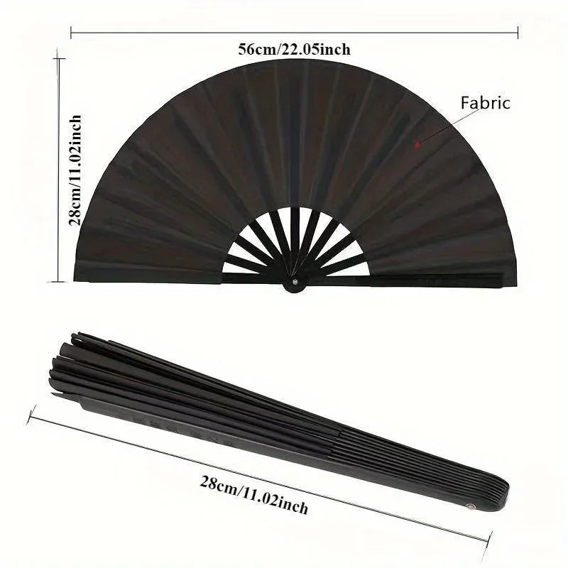 A black folding hand fan shown in a fan shape and as a flat strip.