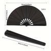 A black folding hand fan shown in a fan shape and as a flat strip.