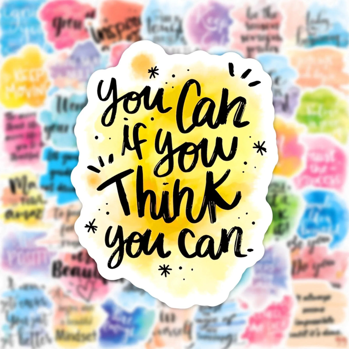 A yellow speech bubble with black handwriting that says You can if you think you can set against a colorful background of ins