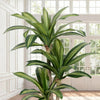 A tall artificial Dracaena tree with variegated green and white leaves displayed indoors near a window.