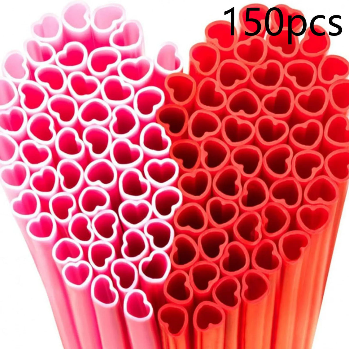 A close-up view of 150 heart-shaped pink disposable straws in a red container.