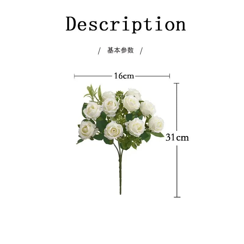 A bouquet of artificial white roses with a green stem and leaves.