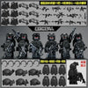 A collection of black military off-road jeep building blocks and accessories.