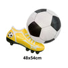 A yellow soccer-themed boot and a black and white inflated football are shown together.