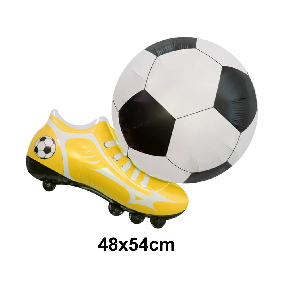 A yellow soccer-themed boot and a black and white inflated football are shown together.