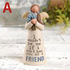 A ceramic angel statue with wings holding blue flowers, symbolizing friendship.