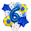 A collection of blue and yellow football-shaped foil balloons for birthday party decorations.