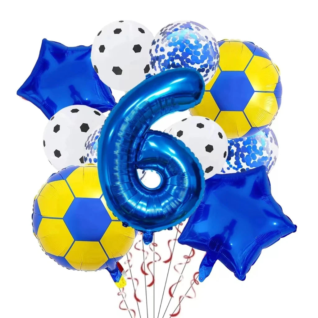 A collection of blue and yellow football-shaped foil balloons for birthday party decorations.