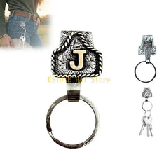 Silver metal belt keychain featuring a large letter J design and a quick-release clip.