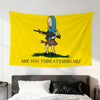 A yellow flag featuring a cartoon depiction of Beavis and Butt-Head meme characters with the text Are you threatening me?