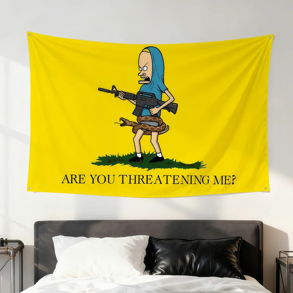 A yellow flag featuring a cartoon drawing of a man holding a rifle asking Are you threatening me?