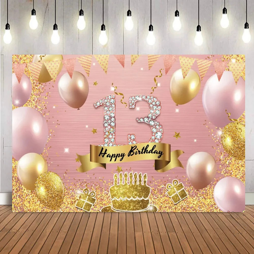 A pink and gold birthday backdrop featuring balloons, confetti, and the number 13.